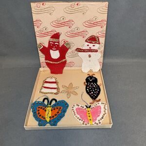 Vintage Christmas Ornaments Handmade Felt & Sequin Santa Claus Snowman Snowflake